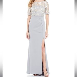 Adrianna Papell Boat Neck Pleated Slip Embroidered Bodice Mesh Gown Size 4